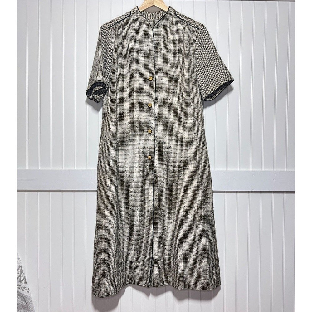 Vtg Doncaster Dress Regency Chic Button Down Houndstooth Short Sleeve Gold XL